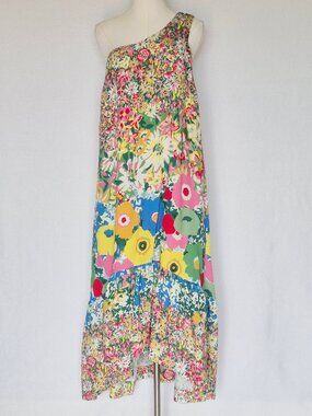 Sarah Campbell for Anthropologie Floral One-Shoulder Midi Dress Hi-Low Pocket